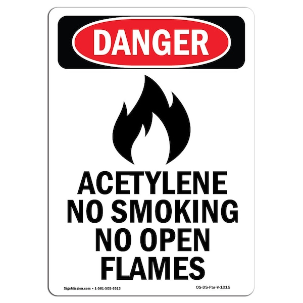 OSHA, Acetylene No Smoking, 18in X 12in Rigid Plastic, 12" W, 18" L, Portrait, OS-DS-P-1218-V-1015